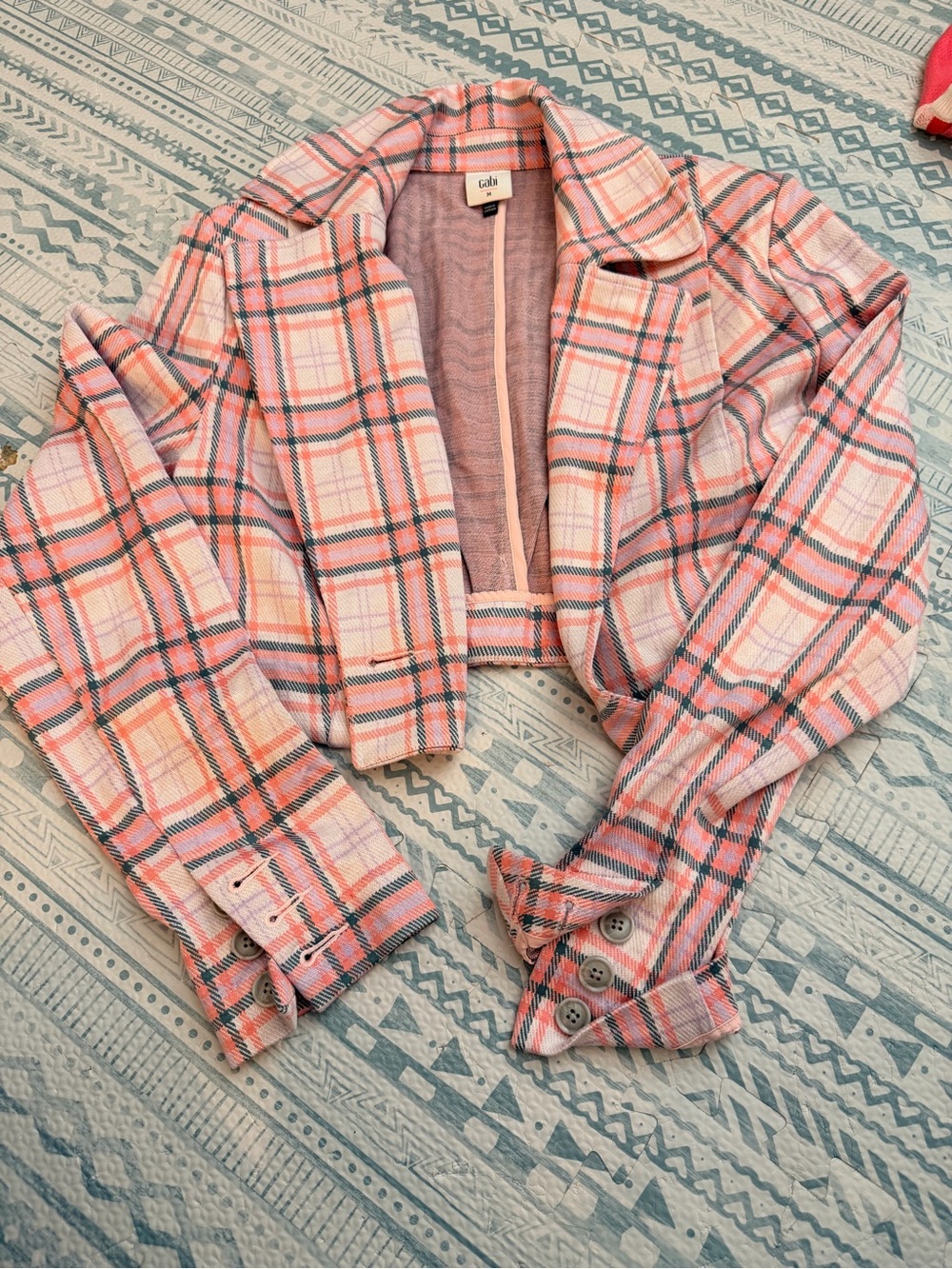 CAbi Cropped Plaid Blazer in Pink and Coral with Teal Accents